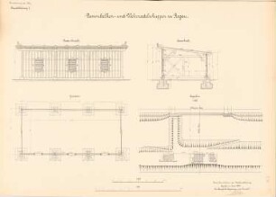 Kanalisierung der Oder Schleuse, Rogau: Dammbalken- und Wehrnadelschuppen: Lageplan 1:500, Ansicht, Grundriss, Querschnitt 1:50