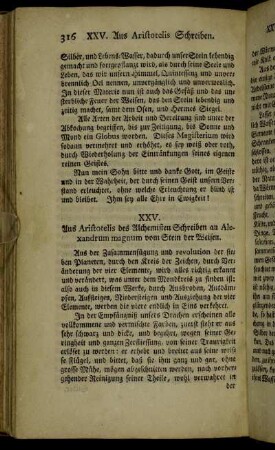 XXV. Aus Aristotelis des Alchemisten Schreiben an Alexandrum magnum vom Stein der Weisen.