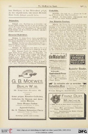 Todesfälle / Gedenktage / Aus Künstler-Vereinen / Aus Kunstvereinen / Vom Kunsthandel / Aus Galerien und Museen / Auktionen / Vermischtes / Literatur-Umschau / Briefkasten der Schriftleitung / Werbung