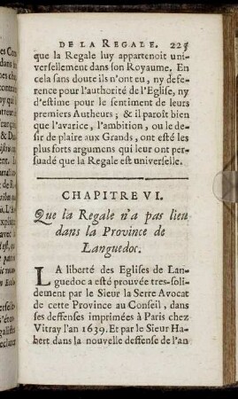 Chapitre VI. Que la Regale n'a pas lieu dans la Province de Languedoc.