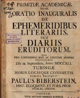 Primitiae academicae, h. e. Oratio inauguralis de ephemeridibus literariis, s. diariis eruditorum
