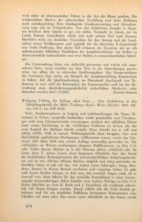 474-475 [Rezension] Trilling, Wolfgang, Im Anfang schuf Gott ...