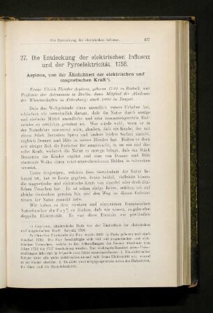 27. Die Entdeckung der elektrischen Influenz und der Pyroelektricität. 1758.