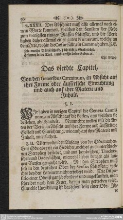 Das vierdte Capitel, Von den Generibus Carminum, in Absicht auf ihre Forme oder äusserlich Einrichtung und auch auf ihre Materie und Inhalt