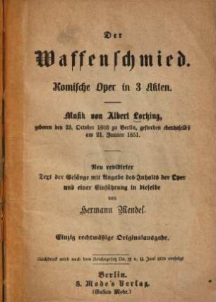 Der Waffenschmied : komische Oper in 3 Akten