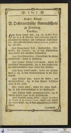 Kaiserl. Königl. V. Oesterreichische Normalschule zu Freyburg.