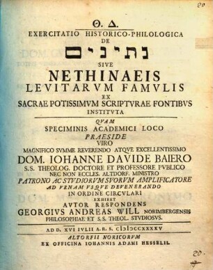 Exercitatio hist. philol. de Netînîm sive Nethinaeis, Levitarum famulis ex sacrae potissimum scripturae fontibus instituta