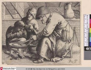 [Die Pfannkuchen-Frau mit zwei Kindern; The pancake woman, with two children]