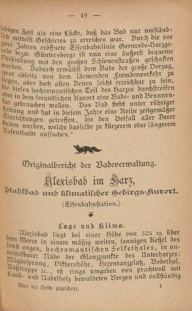Originalbericht der Badeverwaltung. Alexisbad im Harz, Stahlbad und klimatischer Gebirgskurort (Eisenbahnstation)