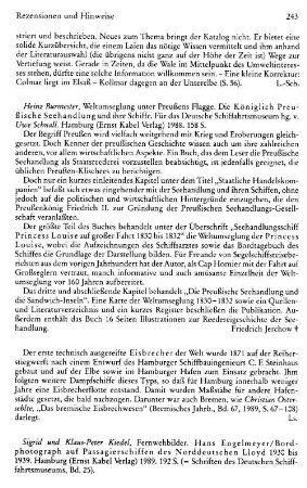 Burmester, Heinz :: Weltumseglung unter Preußens Flagge, die Königlich Preußische Seehandlung und ihre Schiffe, für das Deutsche Schiffahrtsmuseum hrsg. von Uwe Schnall : Hamburg, Kabel, 1988
