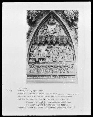 Szenen aus dem Leben der Apostel Petrus und Paulus, oberste Reihe: Simon Magus auf Wolken; mittlere Reihe von rechts nach links: Verurteilung der Aposteln durch Nero, Enthauptung Pauli, Kreuzigung Petri; untere Reihe: sechs sitzende Propheten