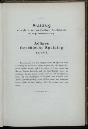 Auszug aus dem schwedischen Adelsbuch in begl. Uebersetzung