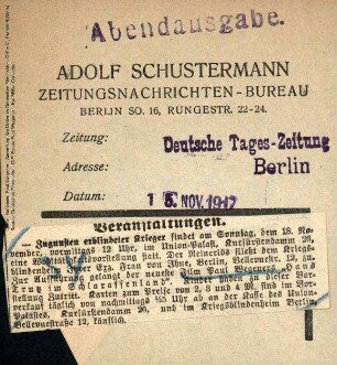 Ankündigung Deutsche Tageszeitung (15.11.1917)