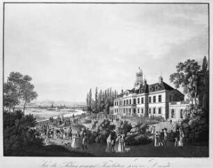 Findlaters Weinberg mit Blick nach Dresden. Kolorierter Stich von C.A. Richter, um 1820