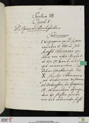 Seculum VII. Caput I. De Romanis Pontificibus Sabinianus.