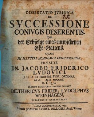 Dissertatio jvridica de svccessione conivgis deserentis : von der Erbfolge eines entwichenen Ehe-Gattens