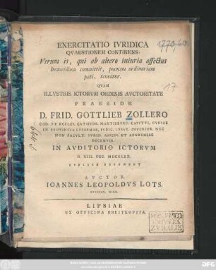 Exercitatio Ivridica Qvaestionem Continens: Vtrum is, qui ab altero iniuria affectus homicidium committit, poenam ordinariam pati, teneatur