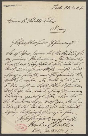 Brief an Ludwig Strecker  und B. Schott's Söhne : 30.04.1907