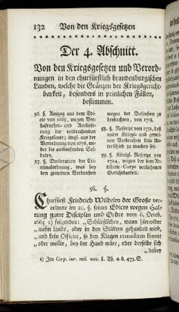 Der 4. Abschnitt. Von den Kriegsgesetzen und Verordnungen in den churfürstlich brandenburgischen Landen, welche die Gränzen der Kriegsgerichtbarkeit, besonders in peinlichen Fällen, bestimmen.