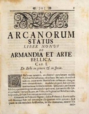 Arcanorum status libri decem, 9/10.. De armandia sive arte bellica et olea pacis