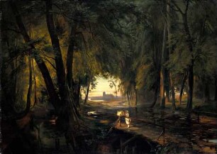 Waldweg mit Blick auf eine Kirche
