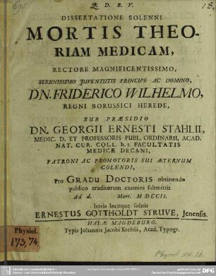 Dissertatione Solenni Mortis Theoriam Medicam
