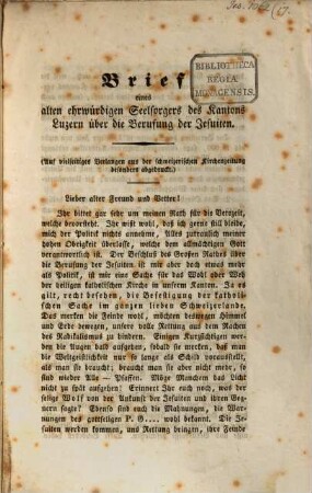 Brief eines alten ehrwürdigen Seelsorgers des Kantons Luzern über die Berufung der Jesuiten