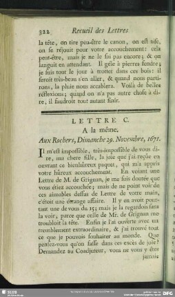 Lettre C. A la même. Aux Rochers, Dimanche 29. Novembre, 1671