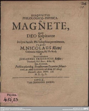 Disquisitio Philologico-Physica. De Magnete