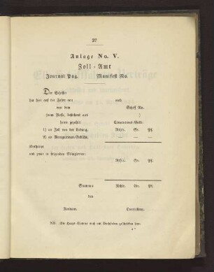 Anlage No. V Zoll-Amt
