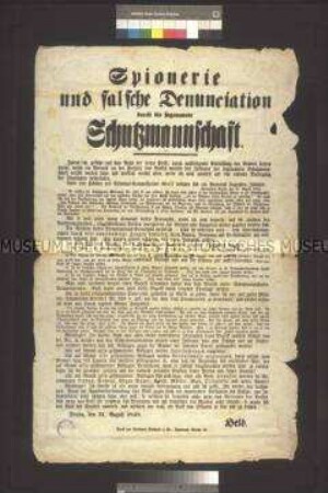 Maueranschlag: Spionerie und falsche Denunciation. Flugschrift von F. W. Held über Verdächtigungen gegen den Social-Verein; Berlin, 31. August 1848