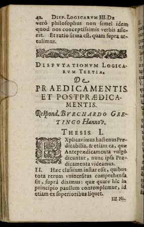 Disputationum Logicarum Tertia. De Praedicamentis.