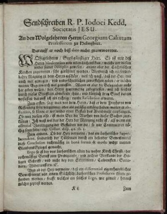 Sendschreiben R. P. Jodoci Kedd, Societatis Jesu An den ... Herrn Georgium Calixtum ...