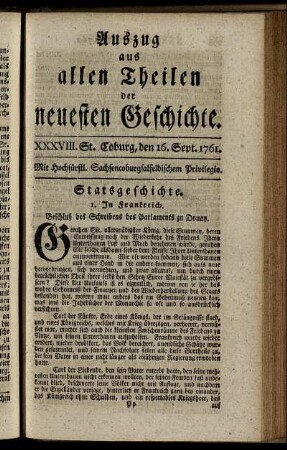 XXXVIII. Stück. Coburg, den 16. Sept. 1761.