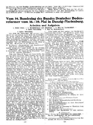 Vom 34. Bundestag des Bundes Deutscher Bodenreformer vom 16.-19. Mai in Danzig-Marienburg : (Fortsetzung)