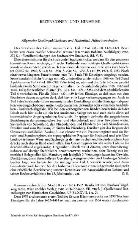 Der Stralsunder Liber memorialis, Teil 5, Fol. 241 - 300, 1426 - 1471, bearb. von Horst-Diether Schroeder, (Veröffentlichungen des Stadtarchivs Stralsund, 5,5) : Weimar, Böhlau, 1982