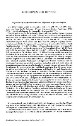 Der Stralsunder Liber memorialis, Teil 5, Fol. 241 - 300, 1426 - 1471, bearb. von Horst-Diether Schroeder, (Veröffentlichungen des Stadtarchivs Stralsund, 5,5) : Weimar, Böhlau, 1982