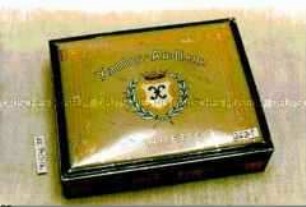 Blechdose für 100 Stück "Xantos-Audienz CIGARETTES" (Abbildung Wappen in Lorbeerkranz, überhöht mit Krone)