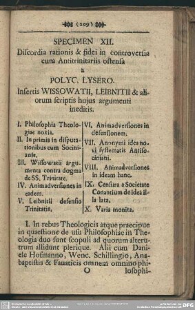 Specimen XII. Discordia rationis & fidei in controversia cum Antitrinitariis ostensa a Polyc. Lysero
