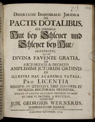 Dissertatio Inauguralis Juridica De Pactis Dotalibus, Sub Formula: Hut bey Schleyer und Schleyer bey Hut, Conspectis