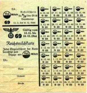 Reichsmilchkarte Nr. 69 für 1/2 l Milch
