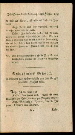 Sechzehendes Gespräch, in welchem das nothwendigste von den übrigen Planeten erzählet wird