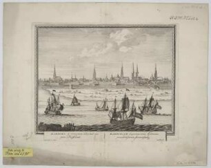 Ansicht von Hamburg, Kupferstich, um 1702 : Hamburg, de vornaemste Koopstad van ganz Duytschland : cum Privil. = Hamburgum Emporium totius Germaniae praeclarissimum florentissimumque / Pet. Schenk ex. - Amst[elodami] , [um 1702]. - 1 Ansicht : Kupferst. ; Plattengr. 27 x 21 cm