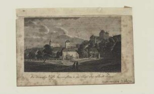 Ansicht von Pirna mit dem Sonnenstein, Stich, 1810 : ehemalige Veste Sonnenstein u. ein Theil der Stadt Pirna / n. Canalletto gestochen v. J. G. Henschke. - Dresden , [um 1810]. - 1 Kunstbl. : Kupferst. ; 14 x 8 cm