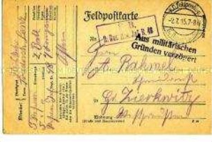 Feldpostkarte an Frau A. Rahmel in Groß Zierkwitz
