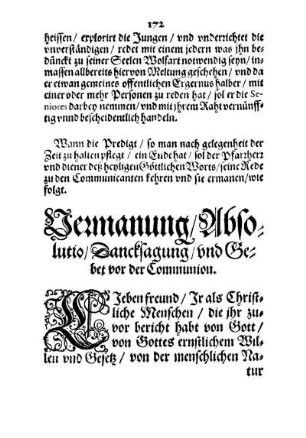 Vermanung/ Absolutio/ Dancksagung/ und Gebet vor der Communion.