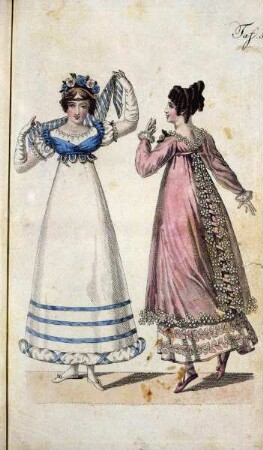 Biedermeier Mode aus: Journal für Literatur, Kunst, Luxus und Mode, Bd. 33, Jg. 1818 — Tafel 5: Pariser und Wiener Ballkleid