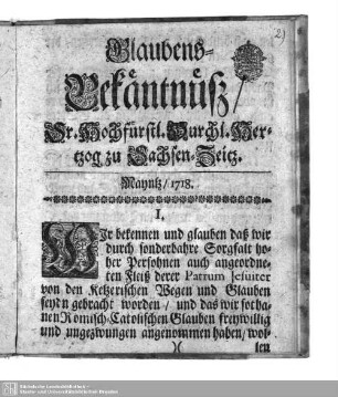 Glaubens-Bekäntnüß Sr. Durchl. Hertzog zu Sachsen-Zeitz