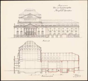 Königliche Oper (auch: Staatsoper unter den Linden, Lindenoper), Berlin Erweiterung - II. Projekt: Rückansicht und Bühnenquerschnitt