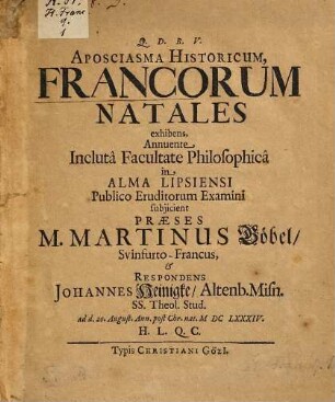 Aposciasma historicum Francorum natales exhibens
